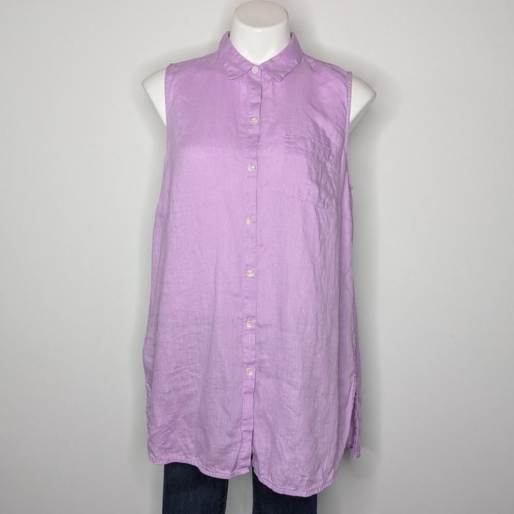 J Jill Love Linen Purple Sleeveless Collared Linen Button Up M